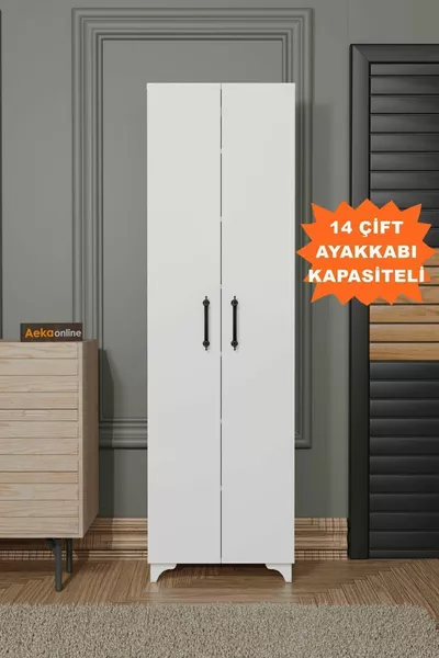  SELEN WHITE SHOE CABINET, 7 SHELVES, STANDING, 2-DOOR MULTIPURPOSE CUPBOARD, PANTRY CABINET