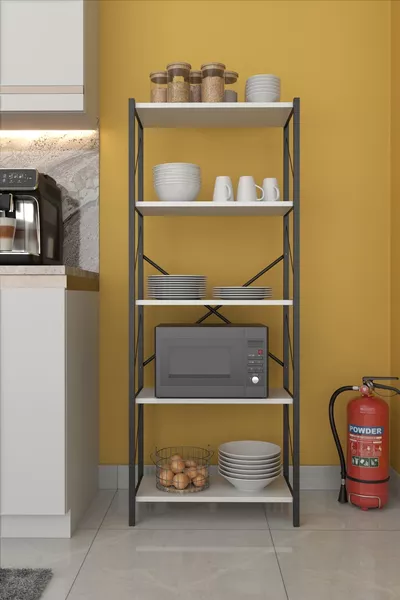 خزانة مطبخ معدنية بقدرة 5 رفوف ورف للميكروويف، أبيض، سم