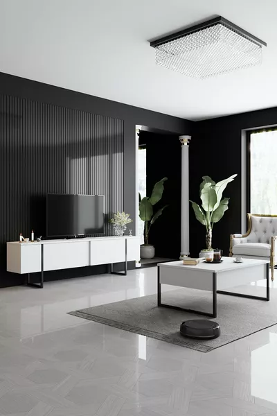 Luxe White TV Stand with Black Iron Legs