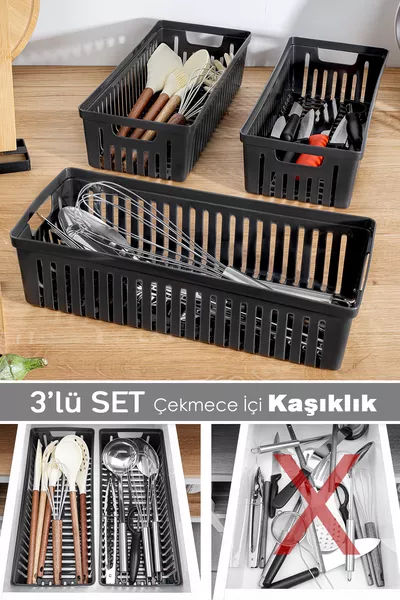 Комплект от 3 модулни стойки за лъжици - Органайзер за чекмедже за кухня, държач за ножове и черпаци, черен