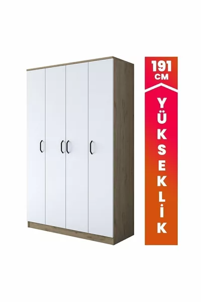 Rani Ampio Armadio Guardaroba 4 Ante con Ripiani e 2 Appendiabiti, Cestino Noce - Bianco