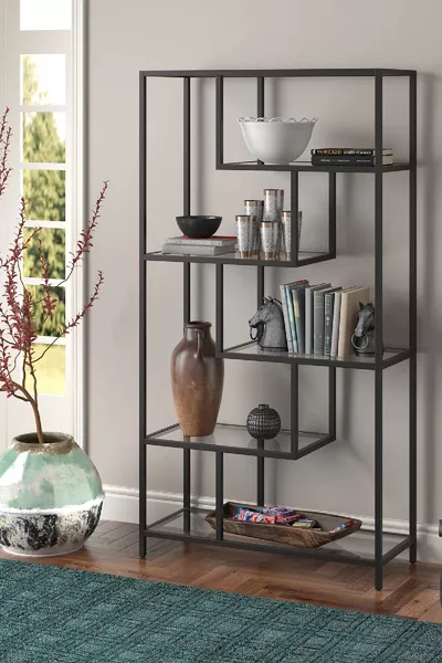 Moderne 6-planken zwarte metalen frame glazen plank accessoirerek boekenkast