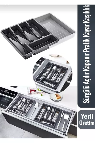 Регулируем органайзер за лъжици и чекмеджета, практичен разтегателен държач за лъжици за вътрешността на чекмеджето