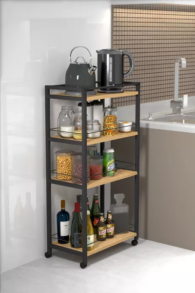 Scaffale Metallico a 4 Ripiani con Ruote, Portaoggetti da Cucina e Bagno, Organizer in Metallo Multiuso con Ruote