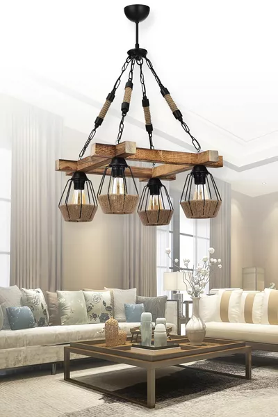 Пина Дървен Луксозен Полилей с 4 Каната Въже