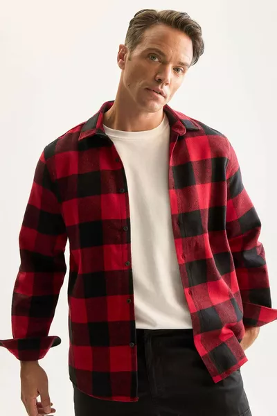 Рубашка в клетку из фланели с длинными рукавами, поло-воротником, прямого кроя AXNS