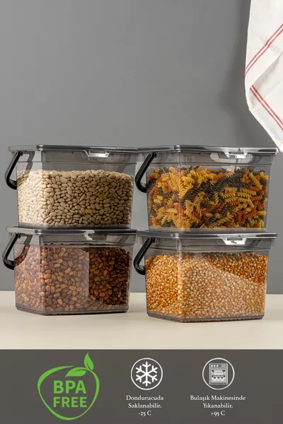 4'lü Set Çok Amaçlı Un Bakliyat Saklama Kabı - Erzak Mutfak Saklama Kutusu Gri 4 Lt