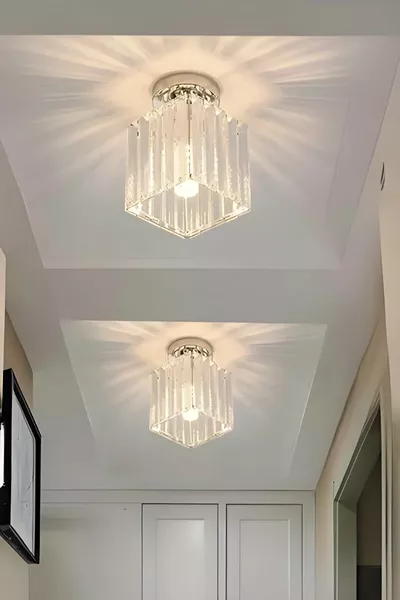 Модерен луксозен плафониер полилей за таван, коридор, антре, хром, квадратен с кристални камъни