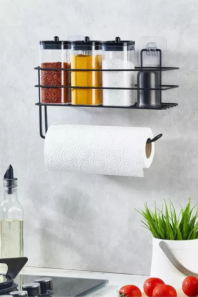 Black Adhesive Kitchen Organizer Shelf with Roll Paper Towel Holder