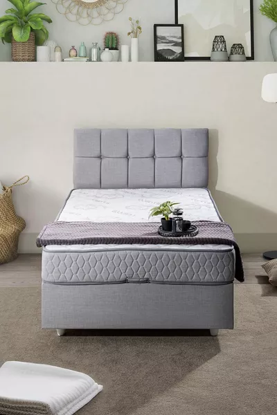 Berlin Single Bed Base Headboard Comfort Mattress Set, Light Gray