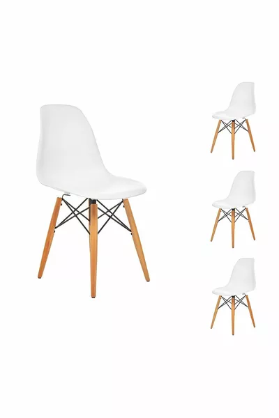 White Eames Chair with Natural Wood Legs | 4 Pieces
