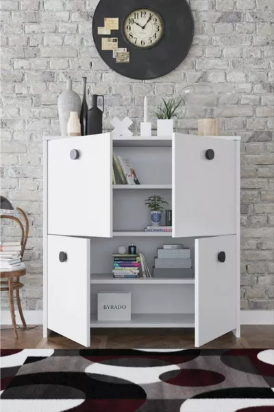 4-Door 4-Shelf Modern Decorative Cabinet - White