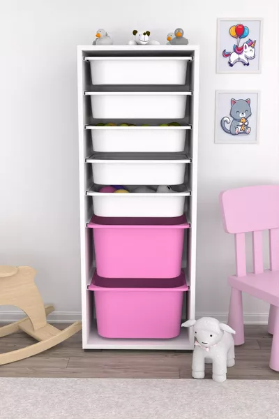 Zola 7-Basket Cabinet Toy Cabinet Multi-Purpose Kitchen Bathroom Pantry Cabinet Pink White