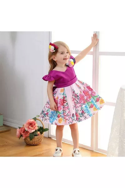 Robe de fête pour fille imprimée de fleurs - Création Printemps Robe pour fille - Robe de cérémonie pour fille - Robe pour fille