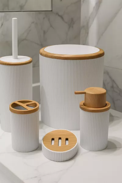 Witte Bamboe Patroon 5-delige Badkamer Set Prullenbak, WC Borstel, Vloeibare Zeepdispenser, Tandenborstelhouder, Zeepbakje