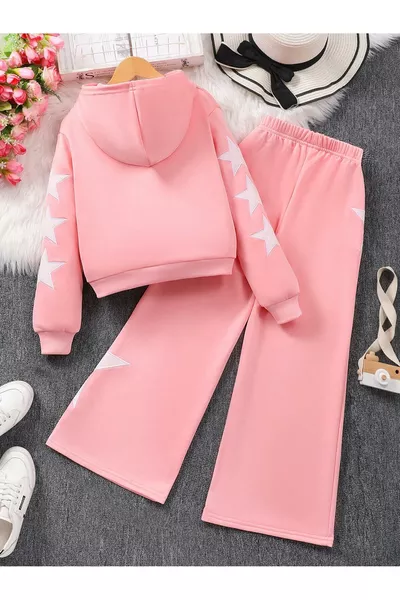 Star Print 3 Pink Thread Bottom Fleece Children's Top and Bottom Set