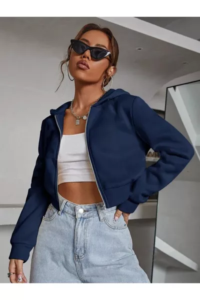 Kadın Lacivert Kapşonlu Fermuarlı Crop Hırka 2 İplik Şardonlu
