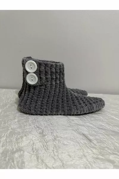 Hand Knitted Velvet Rope Grey Button Detailed Home Boots