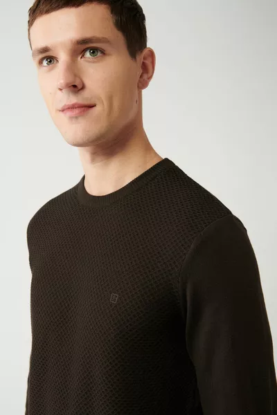 Erkek Kahverengi Triko Kazak Bisiklet Yaka Önü Dokulu Pamuklu Regular Fit 