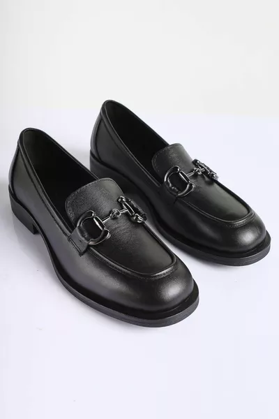 Mocassins classiques à boucle en cuir véritable noir pour femme