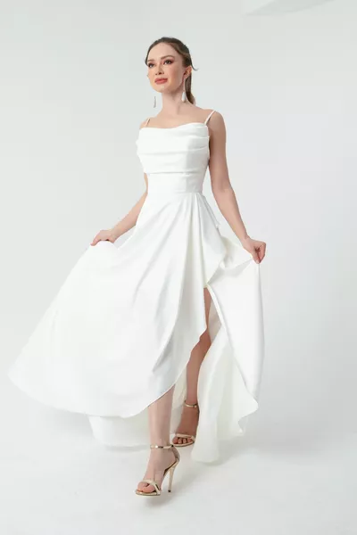 Women's White Flounced Satin Evening Dress & Graduation Dress
