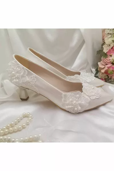 Donna madreperla colore bianco sporco comodo 5 cm tacchi a calice pizzo abito da sera scarpe da sposa