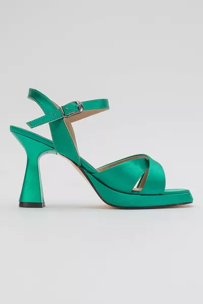 Women's Heeled Sandals with Cross Strap Platform Grass Green Satin