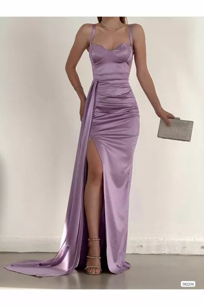 المرأة أرجواني القلب طوق الكتف حزام مفتوح غلوب شق الأسماك طويلة ماكسي طول الساتان النسيج مساء اللباس