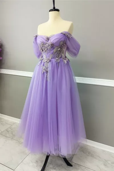 أرجواني 3D الرباط مفصلة ميدي طول مساء اللباس وفستان حفلة موسيقية