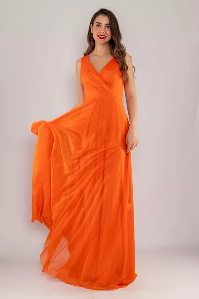  Abito lungo doppiopetto in tulle glitterato con spalline spesse