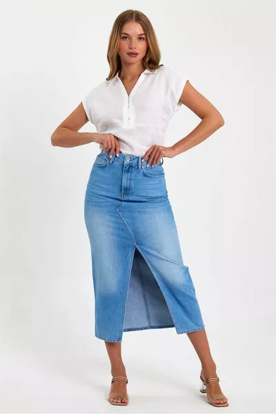 Kadın Rita Midi Boy Med Blue Yırtmaçlı Jean Kalem Etek
