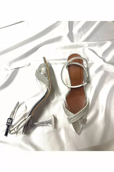 Дамски Принцеса Сребърен Тен Прозрачен Кръстосан Камък 8 см Прозрачни токчета Вечерни обувки със заострени пръсти