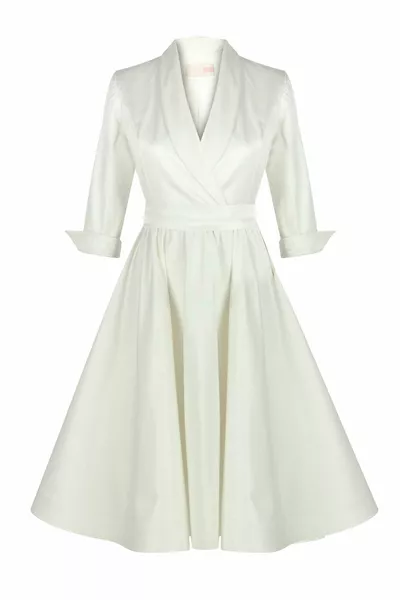 Zweireihiges weißes Satinkleid mit Volants für Damen