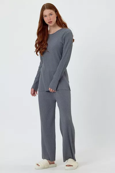Women's Seasonal Long Sleeve Corduroy Dark Gray Pajama Set