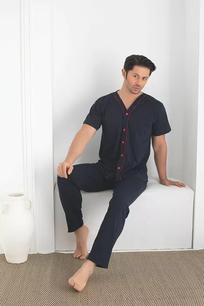 Men's Navy Blue Front Button Short Sleeve Six Long Combed Knitted Fabric Summer Pajama Set