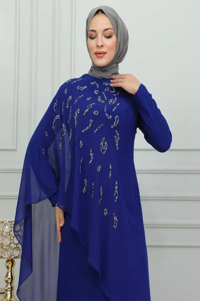 Gorgeous hijab evening dress with stones with chiffon and crepe fabric details