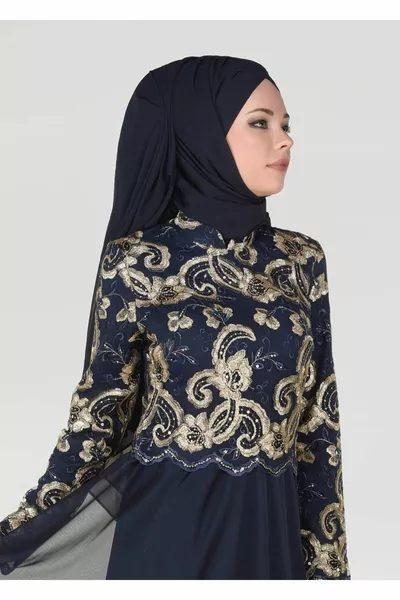 Damen Marineblau Richterkragen Blumen besticktes Abendkleid 