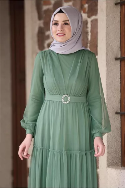 WOMEN'S GREEN (ÇAĞLA) BELTED DRAWSTRING DETAILED EVENING DRESS T 