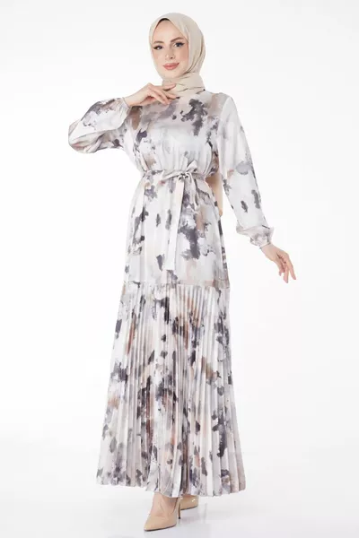 Права дамска пола с кръгло деколте плисирана вечерна рокля с детайли - 