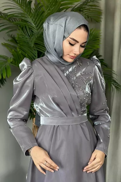 قماش التفتا حجر مطرز رمادي