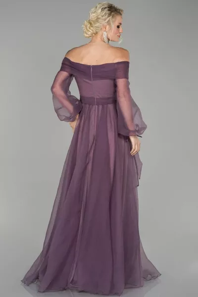 Lavendelfarbenes Abendkleid mit tief ausgeschnittenen Ballonärmeln für Damen 