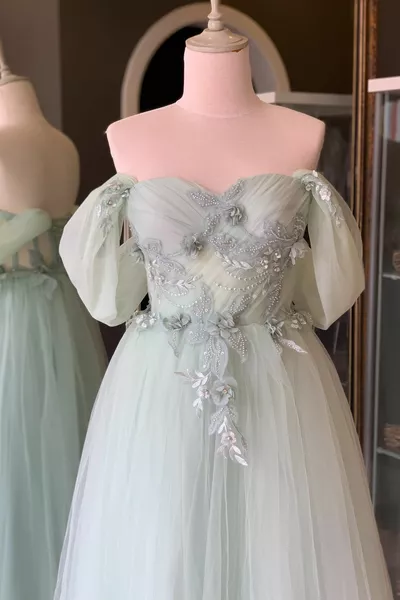 Aqua Green 3D дантела подробни Midi дължина вечерна рокля и бала рокля