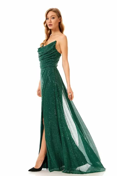 Длинное вечернее платье без бретелек с пайетками