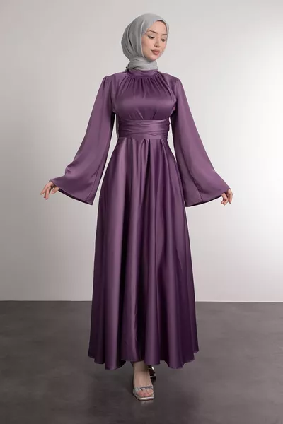 Испански ръкав талията обвивам сатен хиджаб вечерна рокля