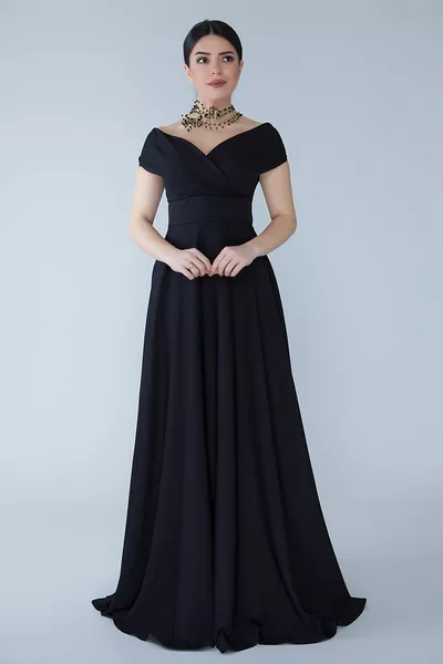 Zwarte bootkraag Double-breasted geweven vloeiende stof maxi-lengte avondjurk