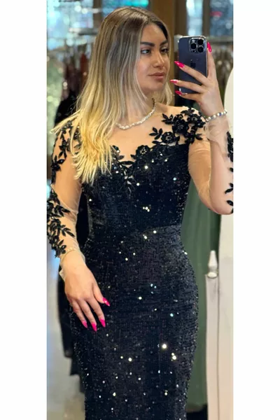 Women's Long Sleeve Sequined Narrow Fit Evening Dress Black 