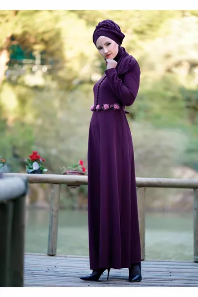 Women's Plum Judge Collar Belt Rose Detailed Evening Dress 