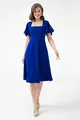 Manches Femme Sax Bleu Flexible Tissu Crêpe Scuba Col Carré Longueur Midi Robe de Soirée 