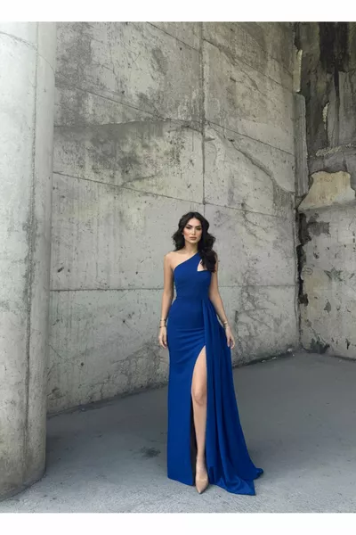 Tailed Slit Evening Dress SAKS BLUE
