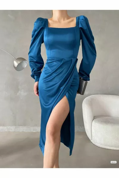 Квадратный вырез Саксы Длина Миди Атласное Вечернее Платье